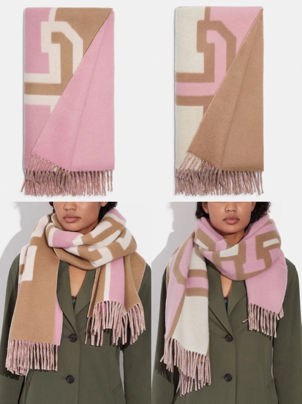 Coach outlet reversible color block varsity print oversized muffler in pink
